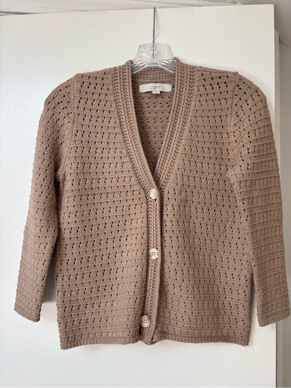 LOFT Taupe Open-Knit Button Front Cardigan